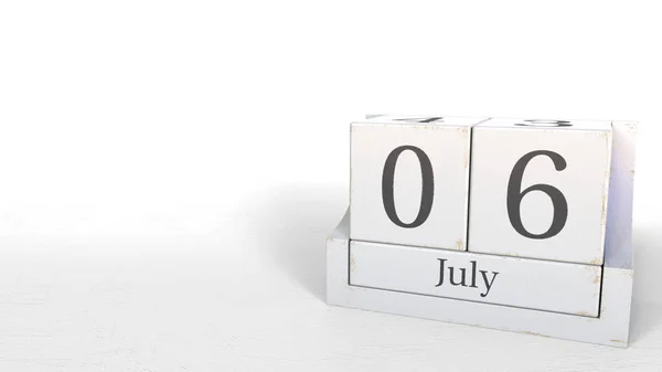 El calendario cubo muestra la fecha del 6 de julio. Renderizado 3D — Foto de Stock