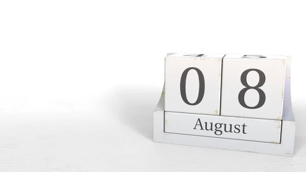 Κύβος ημερολόγιο δείχνει ημερομηνίας 8 Αυγούστου. 3D rendering — Φωτογραφία Αρχείου