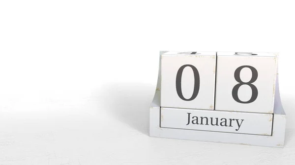 Houten blokken kalender toont 8 januari datum, 3D-rendering — Stockfoto