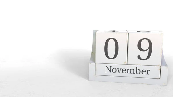 Kub kalendern visar 9 November datum. 3D-rendering — Stockfoto