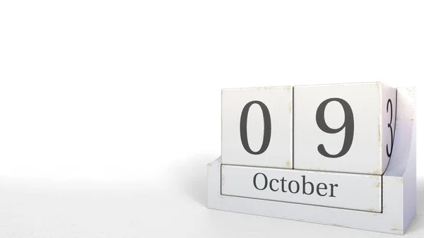 Houten blokken kalender bevat 9 oktober datum, 3D-rendering — Stockfoto