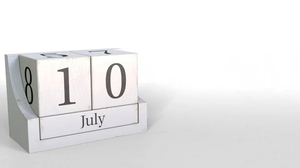 10 de julho data no calendário de tijolos de madeira. Renderização 3D — Fotografia de Stock