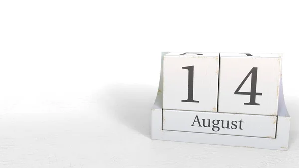 Calendario de bloques de madera muestra fecha 14 de agosto, renderizado 3D — Foto de Stock