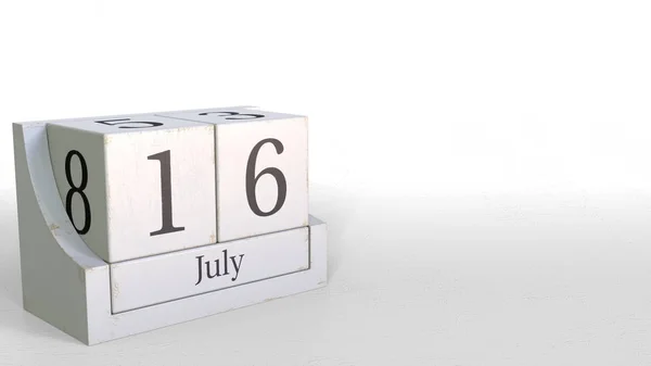 Calendário cubo mostra 16 de julho data. Renderização 3D — Fotografia de Stock