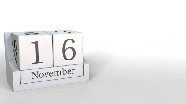 Il calendario dei cubi di legno mostra la data del 16 novembre, rendering 3D — Foto Stock