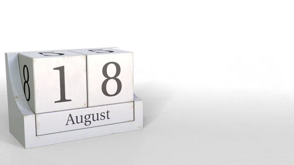 Ξύλινο κύβο ημερολόγιο δείχνει ημερομηνίας 18 Αυγούστου, 3d rendering — Φωτογραφία Αρχείου