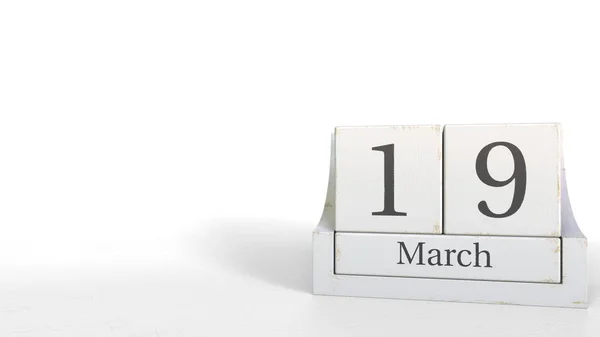 19 marca daty w kalendarzu drewniane klocki. renderowania 3D — Zdjęcie stockowe