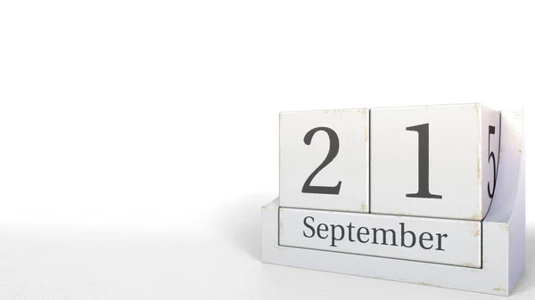 21 de septiembre fecha en el calendario de ladrillos de madera. Renderizado 3D — Foto de Stock