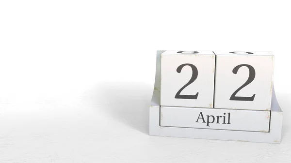 Cube calendar shows April 22 date. 3D rendering — Stock Photo, Image