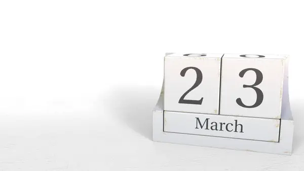 23 de marzo fecha en el calendario de ladrillos de madera. Renderizado 3D —  Fotos de Stock