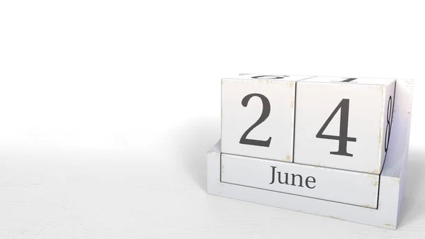 Ξύλινο κύβο ημερολογίου εμφανίζει 24 Ιουνίου ημερομηνία, 3d rendering — Φωτογραφία Αρχείου