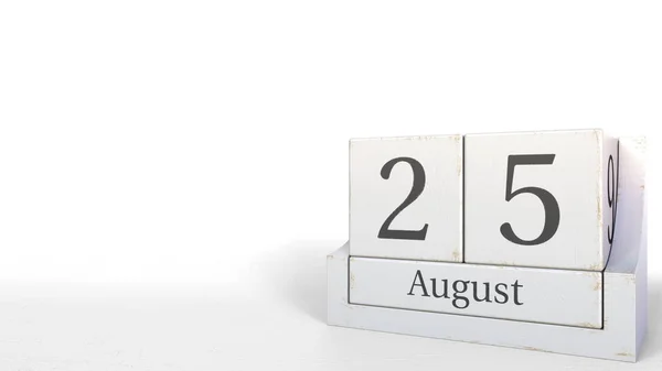 Calendário do cubo mostra 25 de agosto data. Renderização 3D — Fotografia de Stock