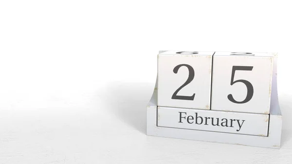 25 de febrero fecha en el calendario de ladrillos de madera. Renderizado 3D — Foto de Stock