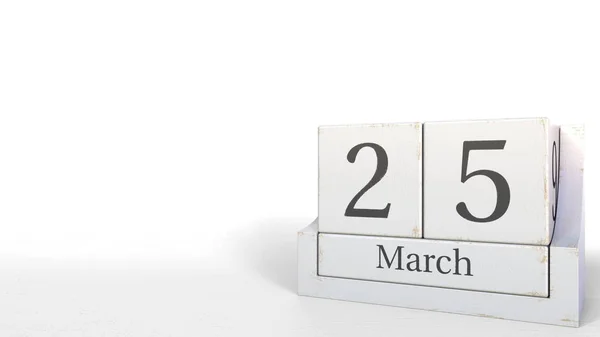 Κύβος ημερολόγιο δείχνει 25 Μαρτίου ημερομηνία. 3D rendering — Φωτογραφία Αρχείου