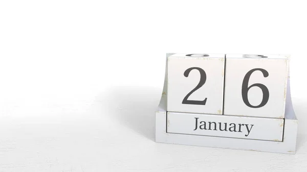 Wood cube calendar shows January 26 date, 3D rendering — Stock Photo, Image