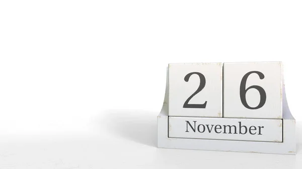 26. listopadu datum na kalendáři dřevěných briket. 3D vykreslování — Stock fotografie