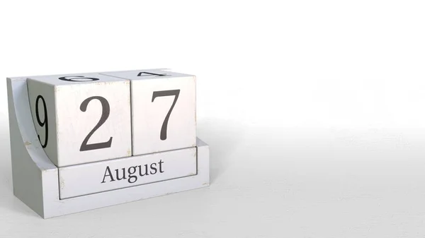 Wood cube calendar shows August 27 date, 3D rendering — Stock Photo, Image
