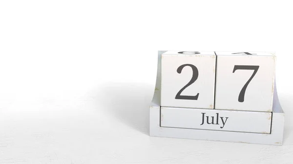 Calendario de cubos de madera muestra fecha 27 de julio, renderizado 3D — Foto de Stock