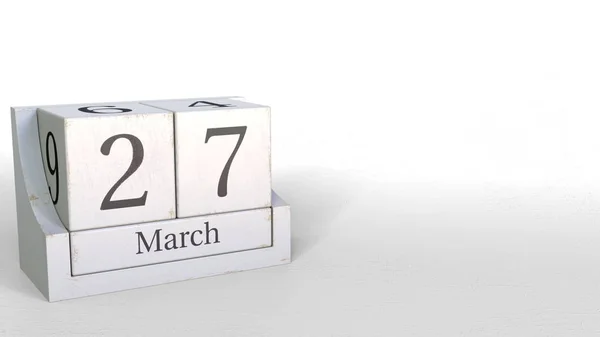 27 de marzo fecha en el calendario de ladrillos de madera. Renderizado 3D —  Fotos de Stock