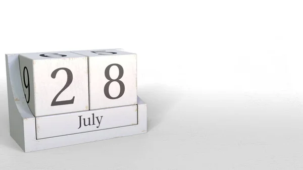 28 de julio fecha en el calendario de ladrillos de madera. Renderizado 3D — Foto de Stock