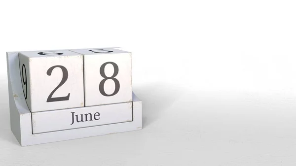 Ξύλινο κύβο ημερολόγιο δείχνει την ημερομηνία 28 Ιουνίου, 3d rendering — Φωτογραφία Αρχείου