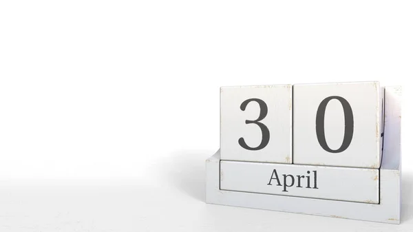 Calendario de cubos de madera muestra fecha 30 de abril, renderizado 3D — Foto de Stock