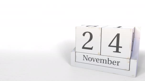Bloques de madera calendario muestra 24 de noviembre fecha, animación 3D — Vídeo de stock