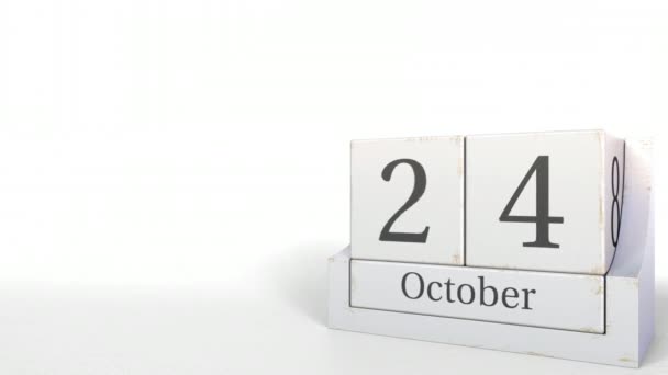 Wooden blocks calendar shows October 24 date, 3D animation — Stock Video