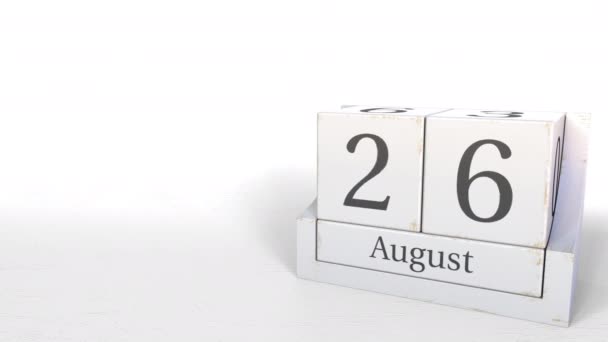 26. August Datum auf Holzklötzen Kalender. 3D-Animation — Stockvideo