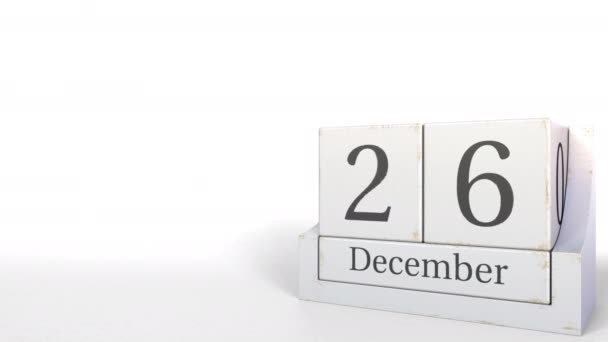 Aralık 26 tarihi ahşap tuğla takvim üzerinde. 3D animasyon — Stok video