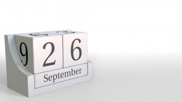 26 de setembro data no calendário de blocos de madeira. Animação 3D — Vídeo de Stock