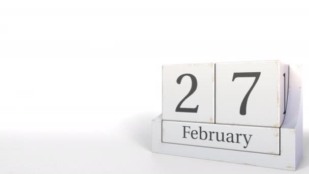 木立方体日历显示2月27日日期, 3d 动画 — 图库视频影像