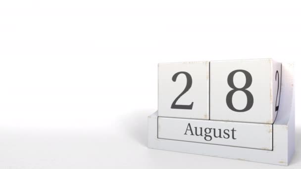 28 Αυγούστου ημερομηνία στο ημερολόγιο ξύλινα μπλοκ. 3D animation — Αρχείο Βίντεο