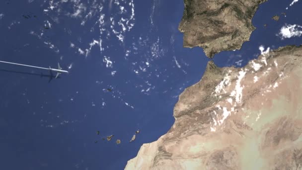 Avião voando para Casablanca, Marrocos no mapa. Animação 3D de introdução — Vídeo de Stock