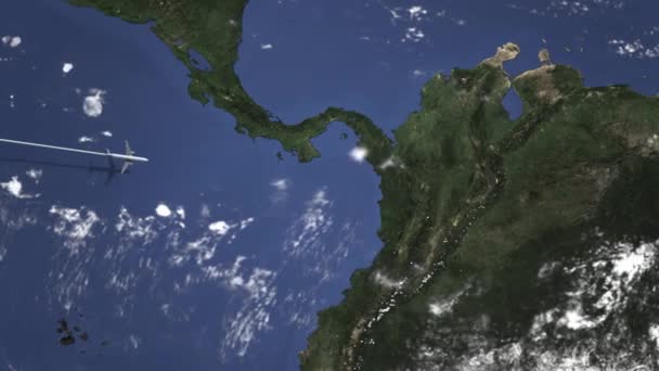 Rota de um avião comercial voando para Medellín, Colômbia no mapa. Animação 3D de introdução — Vídeo de Stock