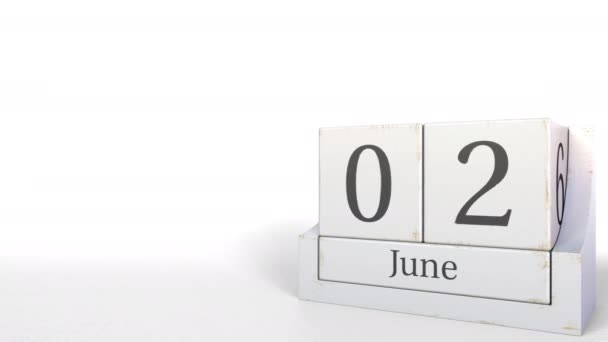 Календар дерев'яних блоків показує 2 червня дату, 3D анімацію — стокове відео
