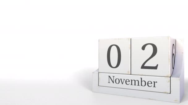 November 2 Datum auf Vintage Cube Kalender, 3D Animation — Stockvideo