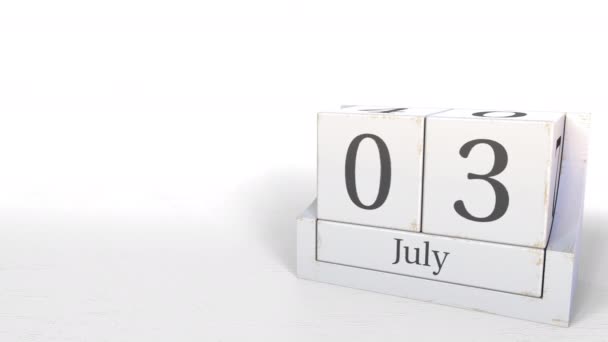 Bloques de madera calendario muestra fecha 3 de julio, animación 3D — Vídeos de Stock
