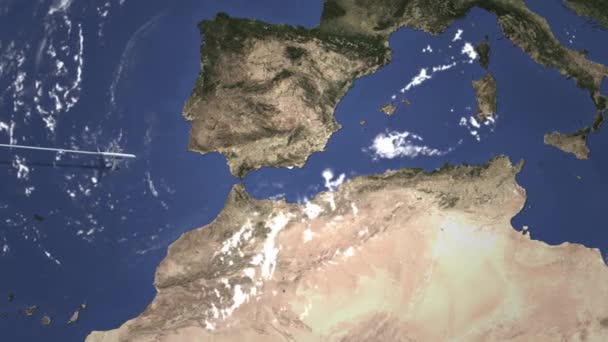 Itinerario di un aereo commerciale diretto ad Algeri, Algeria sulla mappa. Intro Animazione 3D — Video Stock