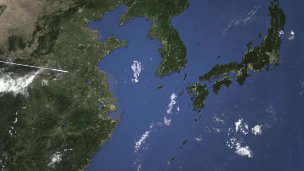 Коммерческий самолет прибывает в Фукуока, Япония, интро 3D анимация — стоковое видео