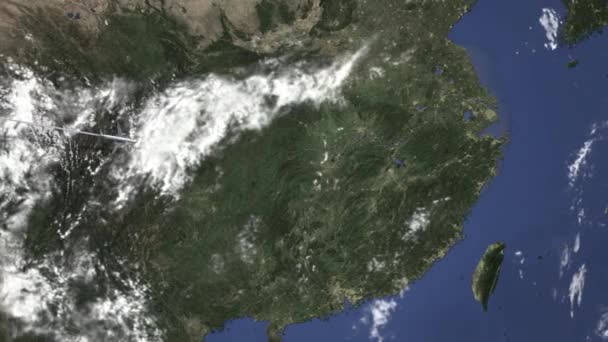 Rota de um avião comercial voando para Nanchang, China no mapa. Animação 3D de introdução — Vídeo de Stock