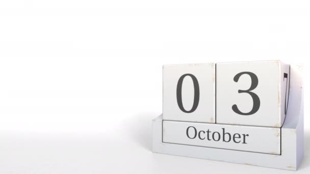 3. Oktober Datum auf Vintage Cube Kalender, 3D Animation — Stockvideo