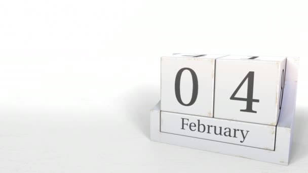 4. Februar Datum auf Vintage Cube Kalender, 3D Animation — Stockvideo