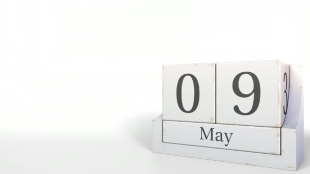 Il calendario dei cubi mostra la data del 9 maggio. Animazione 3D — Video Stock