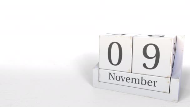 Kubus kalender toont de datum van 9 November. 3D animatie — Stockvideo