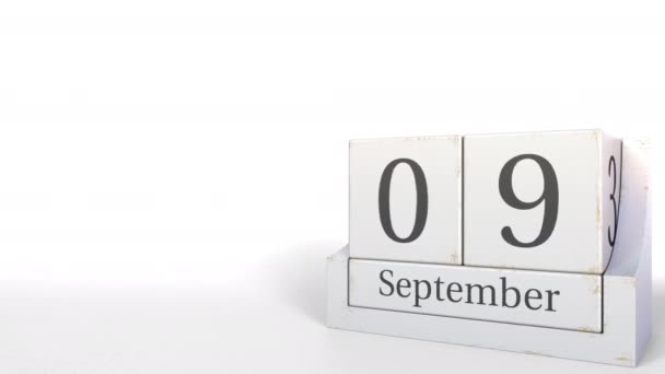 Calendário cubo mostra 9 de setembro data. Animação 3D — Vídeo de Stock