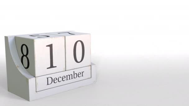 Houten kubus kalender bevat 10 December datum, 3d animatie — Stockvideo