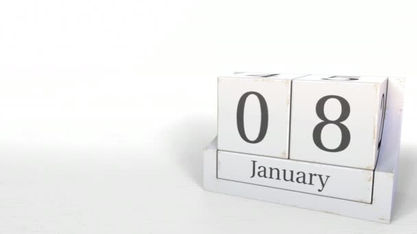 Houten blokken kalender toont 8 januari datum, 3d animatie — Stockvideo