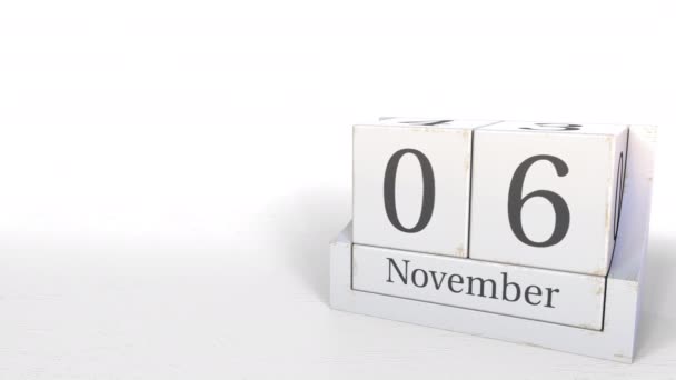 6 ноября дата по календарю деревянных блоков. 3D анимация — стоковое видео