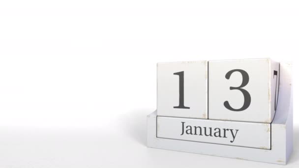 Trekubkalender viser dato 13. januar 3D-animasjon – stockvideo